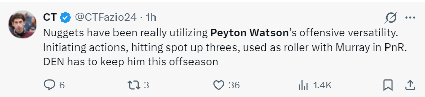 沃特森30+6三(sān)分生涯之(zhī)夜！约基奇伤停後(hòu)场均24分 美(měi)记：给他億(yì)元合同